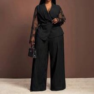 Plus-Size Women's Black Autumn Elegant Formal Blazer Set,Long Sleeve V-Neck Belted Lapel Top & Wide 