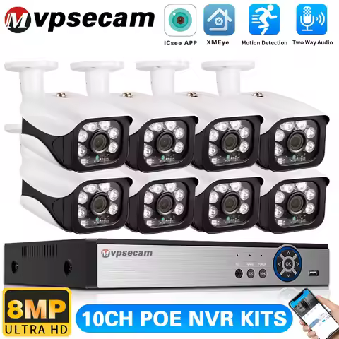 Motion Detection 8MP 4K 10CH POE NVR Kit Audio Recording Security CCTV with Dome Camera Outdoor P2P 