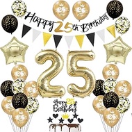 25th Birthday Decoration Man Women, Black Banner 25th Birthday Garland Decoration 25th Women Gold Ba