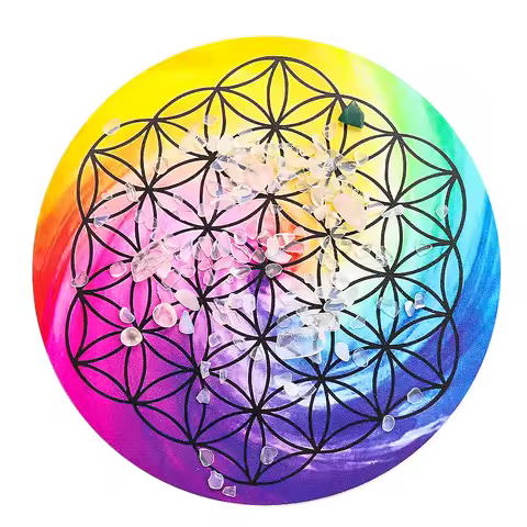 Rainbow Mandala Board Printing Flower Of Life Wood Plank Meditation Reiki Energy Crystal Grid Base H