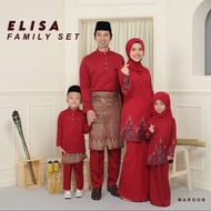 Set Family Kurung Moden Elisa「 Warna Maroon 」Sedondon Set Keluarga Baju Melayu Dan Baju Kurung