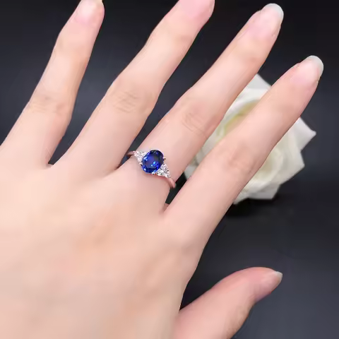 Pure White Gold AU750 Ring 1.5CT Three Stone Natural Sapphire Diamond Engagement Ring For Women Beau