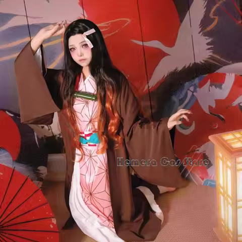 Kamado Nezuko Cosplay Costume Wig Anime Kimono Kamado Nezuko Wig Uniform Halloween Demon Nail Women 