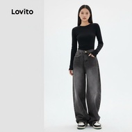 Lovito Jeans Kasual Poket Corak Kucing untuk Wanita L106AD1240