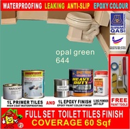 OPAL GREEN 644 ( FULL SET EPOXY PAINT ) TOILET TILES FINISH / CAT EPOXY LANTAI / 1L PRIMER TILES AND 0.5 KG POWDER ANTI SLIP AND 1L EPOXY FINISH PAINT / COVERAGE 60 SQF / HEAVY DUTY / CERAMICS AND TILES FINISH BATHROOM DESIGN PAINT