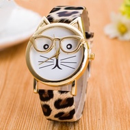 Women Geneva Watch Leather Strap Analog Quartz Wrist Watches Leopard Cat Face Glasses Kids Clock Lad