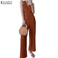 ZANZEA Women Korean Fashion Workplace V-Neck Sleeveless Decorative Buckle Straight Jumpsuit