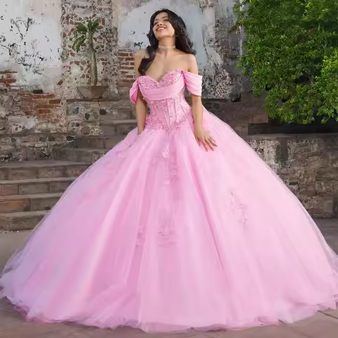 Baby Pink Quinceneara Dress Embroidered Lace On Net With Sequins Ball Gown Sleeveless Boat Neck Cust