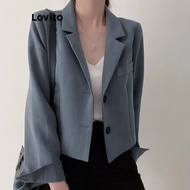 (Hot) Lovito Casual Blazer Plain Button Pocket Blazer for Women LNE36029 (Khaki/Grey/Off White/Black