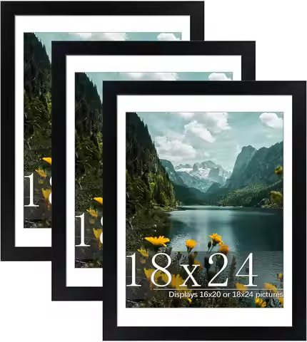 18x24 Picture Frame 3 Pack, Black Poster Frame with Mat for 16x20 or 18x24 Photos, Wall Mounting for