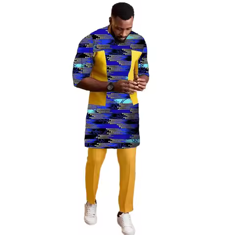 African Couture Men's Patchwork Shirt And Yellow Pants Set Half Sleeve Nigerian Print Male Groom Sui
