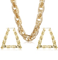 Gold Plated Chunky Rope Chain Necklace and Large Hollow Casting Triangle Bamboo Hoop Earrings Set fo