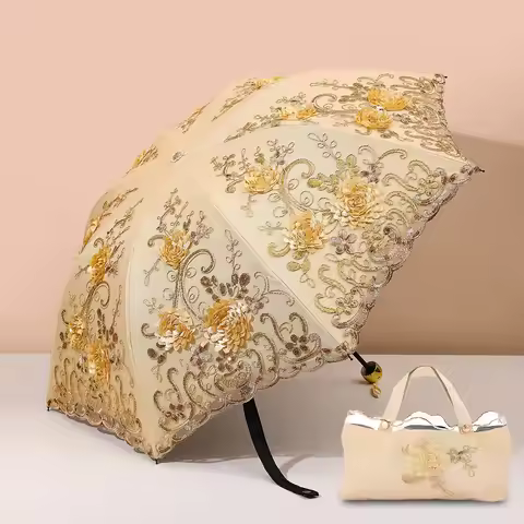 Triple Fold Rain & Sun Umbrella Vintage Floral Lace UV Umbrella with Anti-UV Layer, Compact Portable
