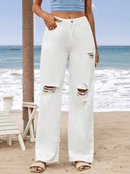 SHEIN VCAY 女士白色寬腿牛仔褲，夏季海灘度假時尚寬鬆直筒牛仔褲，附有破洞細節