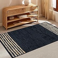 Hand Woven Jute/Leather Area Rug - 5’x8’ Feet - Rustic Beige Reversible Rectangular Rugs for Bedroom