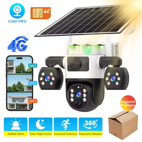 V380 Pro 2/3 Lens Outdoor Security Network Camera Wireless 4G Solar CCTV 10X Zoom,4G sim Solar Camer