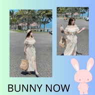 Bunny maxi dress with off-the-shoulder slit at the hips, luxurious and feminine, suitable for work o