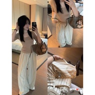 (IG260) linen loose pants with large stripes and elastic cap with straps from Me.studio