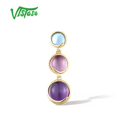 VISTOSO Pure 14K 585 Yellow Gold Pendant For Women Genuine Amethyst Swiss Blue Topaz Simple Party Gi
