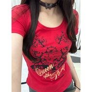 y2k T-Shirt y2k Women's American Retro Top y2k y2k y2k Clothes Red Pure Cotton Short-Sleeved Printed