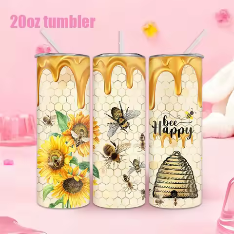 1pc 20oz straw water bottle, insulated stainless steel water cup with bee, sunflower, h1pcy, and h1p
