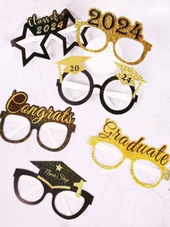 6入組2024年畢業季造型眼鏡紙卡,攝影道具及畢業典禮採光氛圍配件
