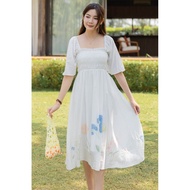 (R L-5)ACW Pastel Field Garden Mid Sleeve Smock Midi Dress
