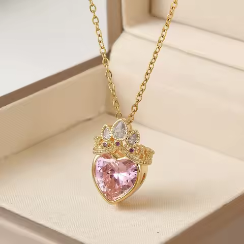 1pcs Titanium Steel Chain Exquisite Pink White Crown Love Heart Pendant Necklace for Women, Lovely C