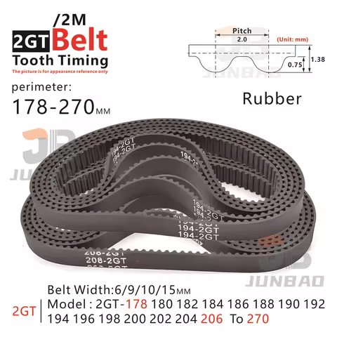 2GT Timing Belt perimeter 178 To 270 MM Model number 2GT-178 180 182 184 186 188 190 192 194 196 To 