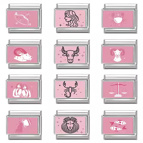 Y2K Pink Printing 12 Zodiac Signs Series Italian Charm Link Fit 9mm Stainless Steel Bracelet =DIY Ma
