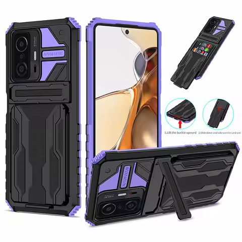 Card Slot Armor Case For Xiaomi 11T Pro Mi 11T 11TPro Shockproof Anti-fall Kickstand Holder Back Cov