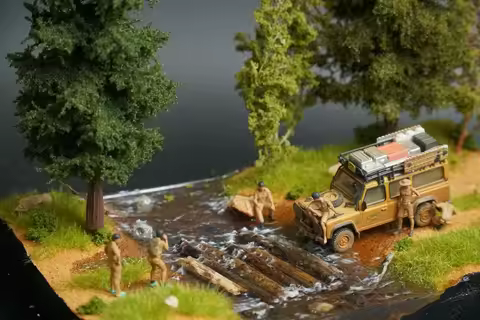 1:64 scale car miniature model diorama, woodland base with river and waterfall