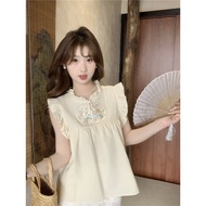 国风盘扣刺绣衬衫女夏季高级感木耳边宽松减龄气质小飞袖上衣Chinese style embroidered button down shirt for women in summer, with a 