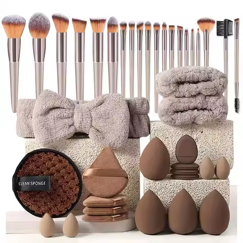 20/40Pcs Makeup Brushes and Sponges Set, Brown Makeup Puff, Beauty Egg, Headband, Wristband Remover 