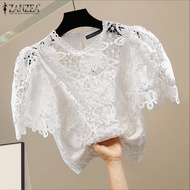 ZANZEA ผู้หญิงเสื้อยืดคอกลมที่สง่างามเสื้อผู้หญิงครึ่งแขนลูกไม้โปร่งเสื้อสวยหลวมสีทึบ #0818