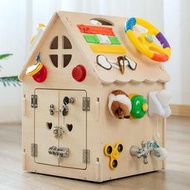 新款木製質忙碌房子兒童益智早教拉鏈扣子繫鞋帶打電話多功能玩具