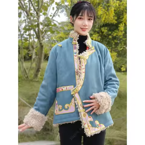 Women's Winter Tibetan Style Jacket Embroidered Long-pile Warmth Traditional Tibetan Robe Top Ethnic