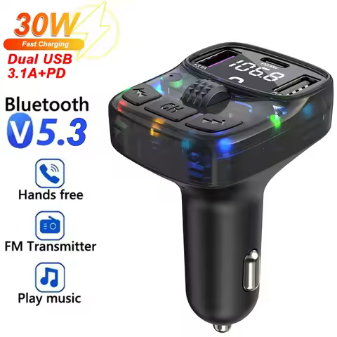 Bluetooth 5.3 Car FM Transmitter PD 30W Dual USB 3.1A Type-C Car Charger Bluetooth Mp3 Player Handsf
