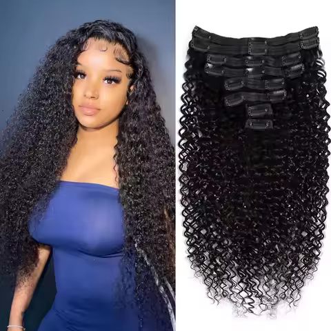 8pcs One Set Kinky Curly Clip in Hair Extensions Human Hair Virgin Human Hair Clip-In Hair Extension