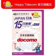 日本 Docomo 15日4G無限數據 (不限速) $288