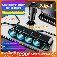 7 In 1 Car Fast Charger Adapter 4-Port 12-24V With LED Digital Display Dual USB PD Single Hole 90W S
