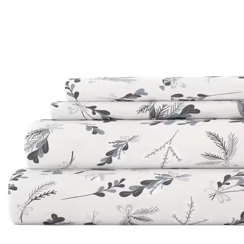 Light Gray Botanical 4 Piece 100% Cotton Flannel Deep Pocket Sheet Set, Queen, Bedding Comforter Lux
