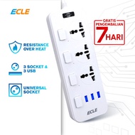 ECLE Universal Power Strip Stop Kontak 3 Power Socket 3 USB Port - Putih