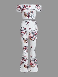 SHEIN Chicas adolescentes con estampado floral de hombros descubiertos Top crop &amp; Pantalones acampanados