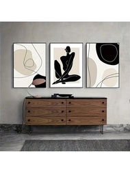 3入組波希米亞風格馬蒂斯畫布招貼,米白色黑色抽象線條畫布油畫,臥室客廳牆上畫,室內裝飾,無框