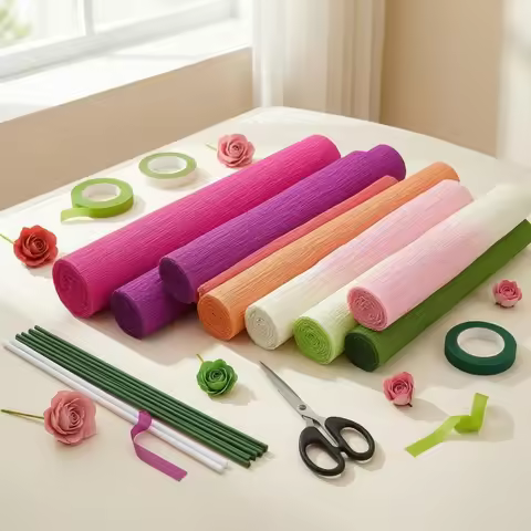 Crepe Paper Craft Kit Scissors Crepe Paper Flower Kit Hobby Supply Plastic-Coated Wire Beginner Frie