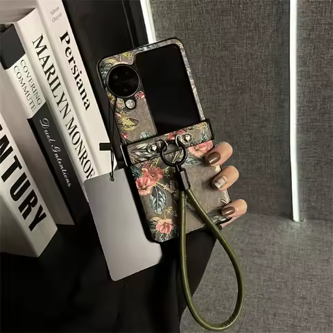 New Korean Fashion Flower Blackish Green Phone Case with Leather Chain for OPPO Find N2 FliP Find N3