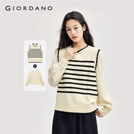GIORDANO Women [Two-Piece Set] Knitted Sweater Vest With Puff Sleeve Shirt And Striped Knitted Vest 