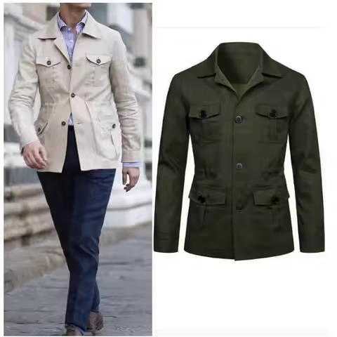 Cotton Linen Cargo Jackets Men Multi Pockets Outdoor Jacket Safari Jacket Streetwear Work Outwear 4 