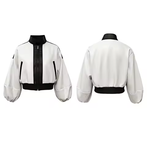 UOOZEE Female Stylish Seletion PU Leather Zipper Jackets Women Puff Sleeves Stand Collar Casual Tren